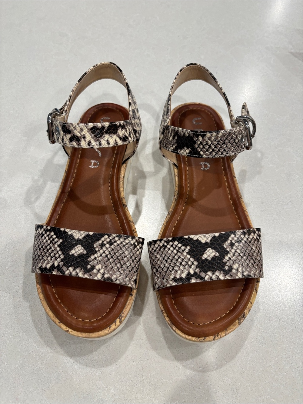 Womens Snake-Print Ankle Strap Sandals in Black and Cream